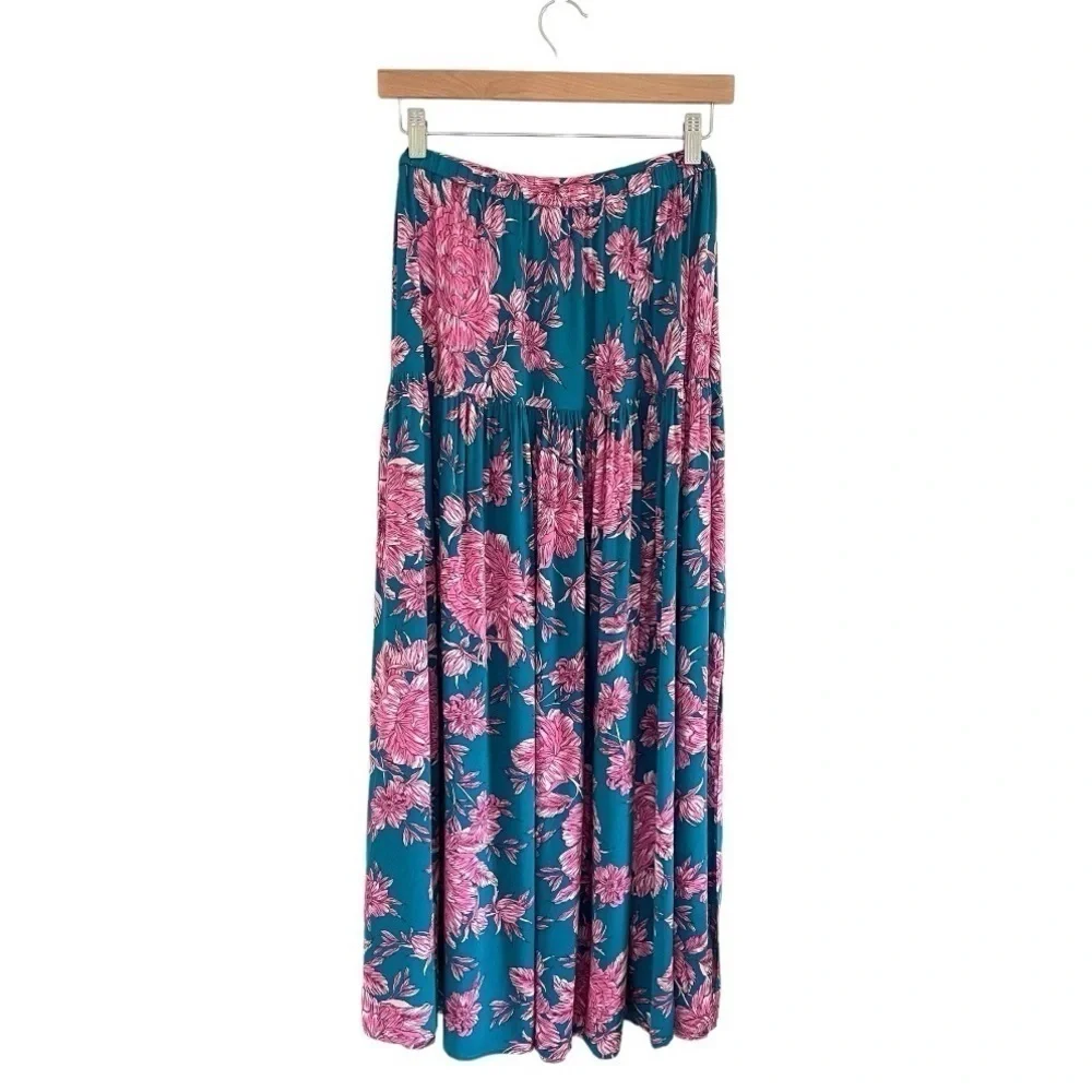 Abel The Label Bonnie Floral Boho Yoke Maxi Skirt Teal Pink Large